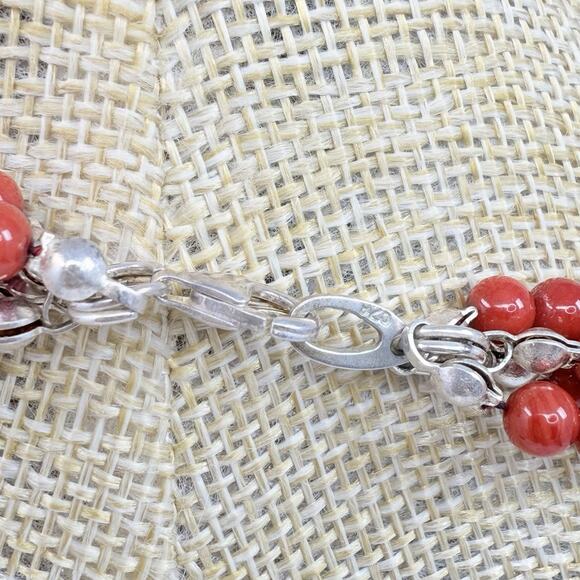 Multi Strand Red Coral and Turquoise Sterling Silver Pendant Statement Necklace - Picture 6 of 11